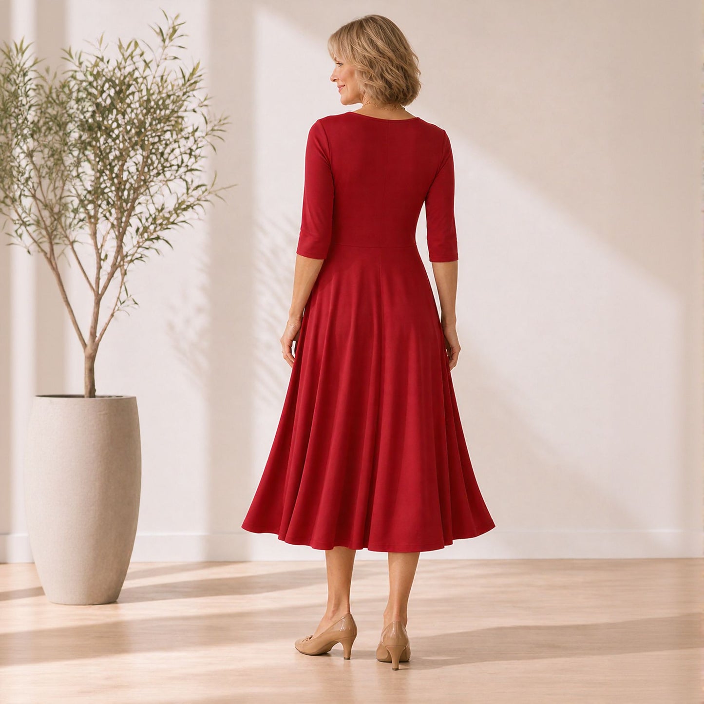 Flowy Midi Dress with Elbow Sleeves & Pockets