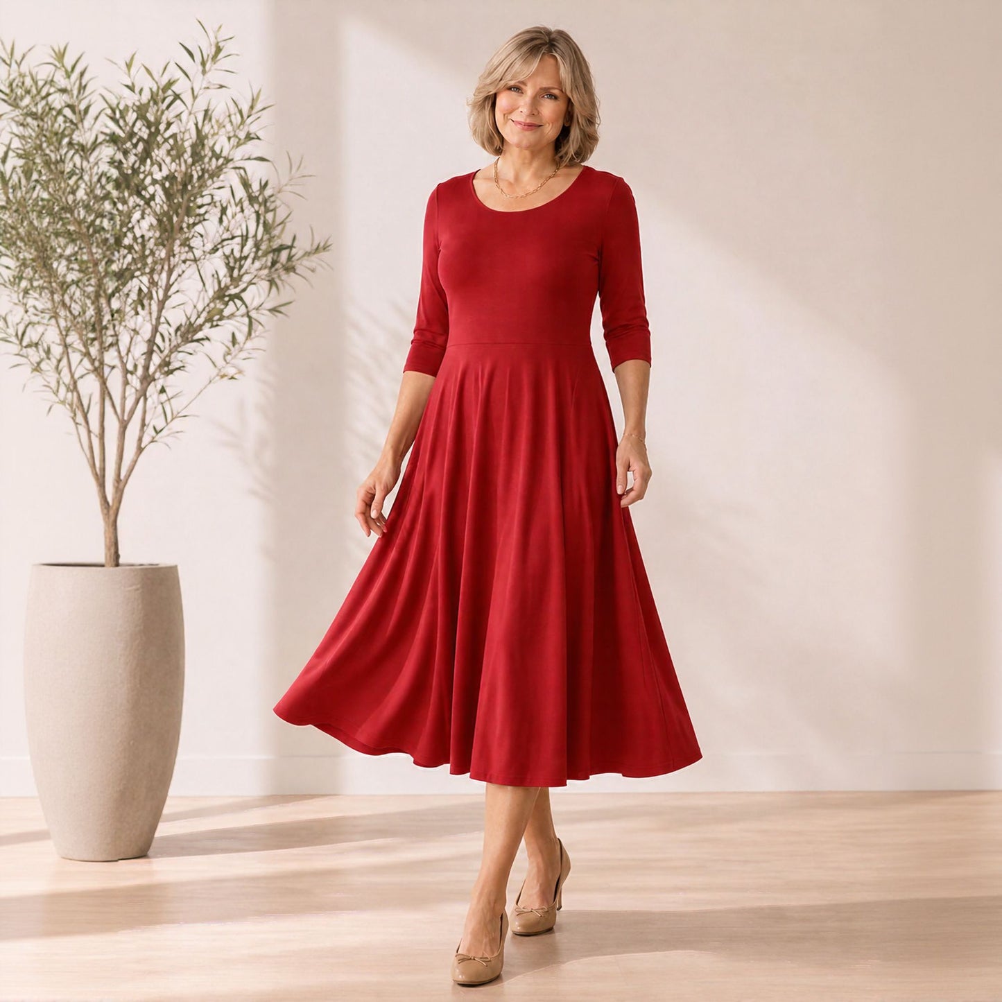 Flowy Midi Dress with Elbow Sleeves & Pockets