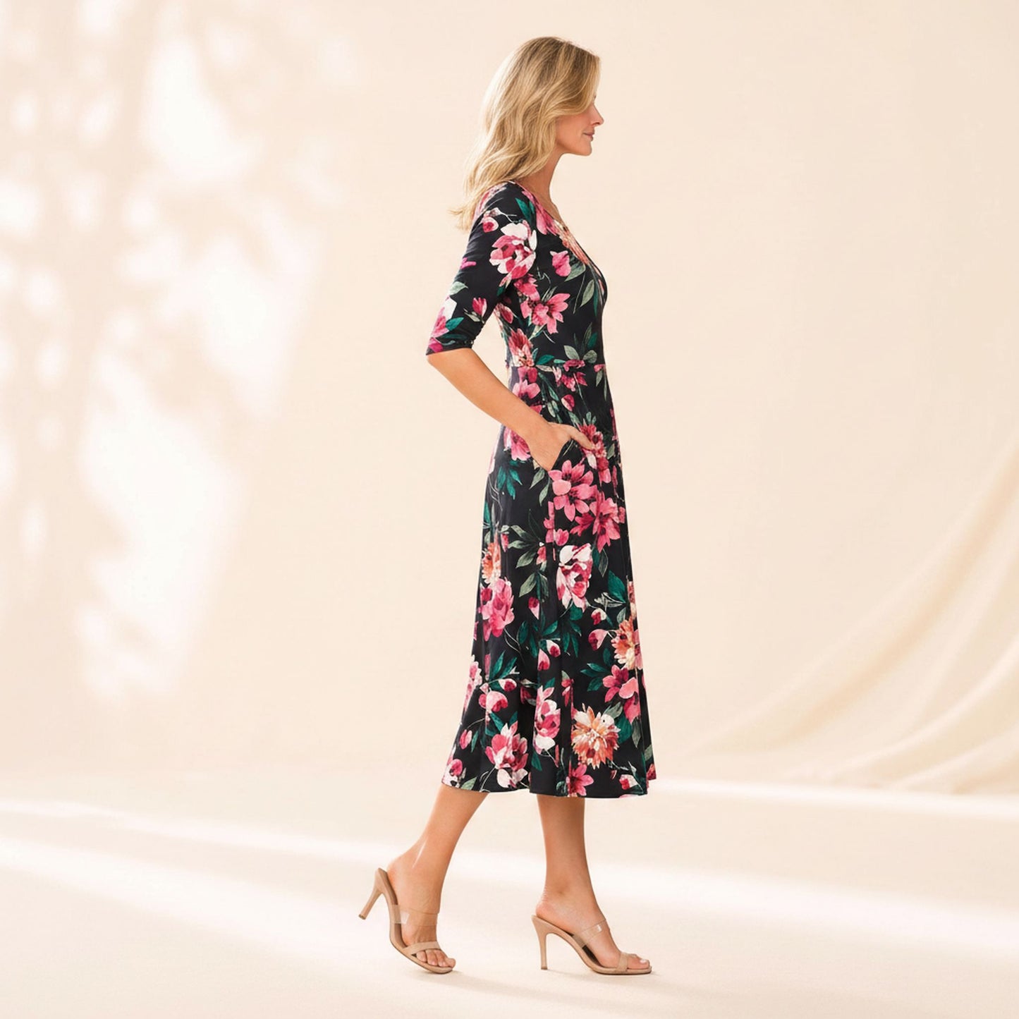 Floral Printed Midi Dress with Elbow Sleeves