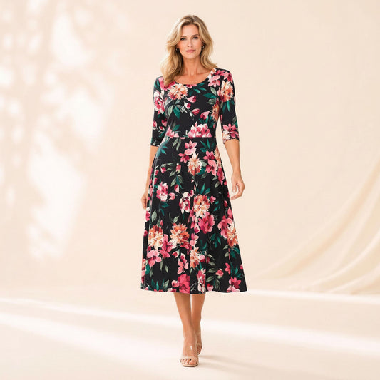 Floral Printed Midi Dress with Elbow Sleeves