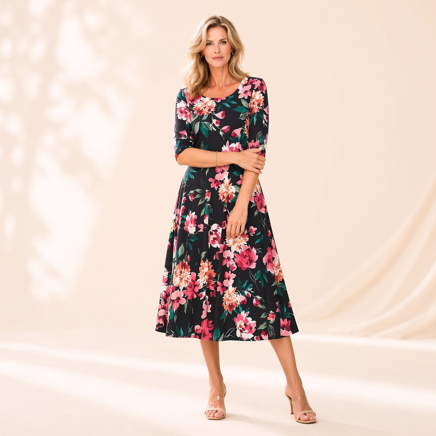 Floral Printed Midi Dress with Elbow Sleeves