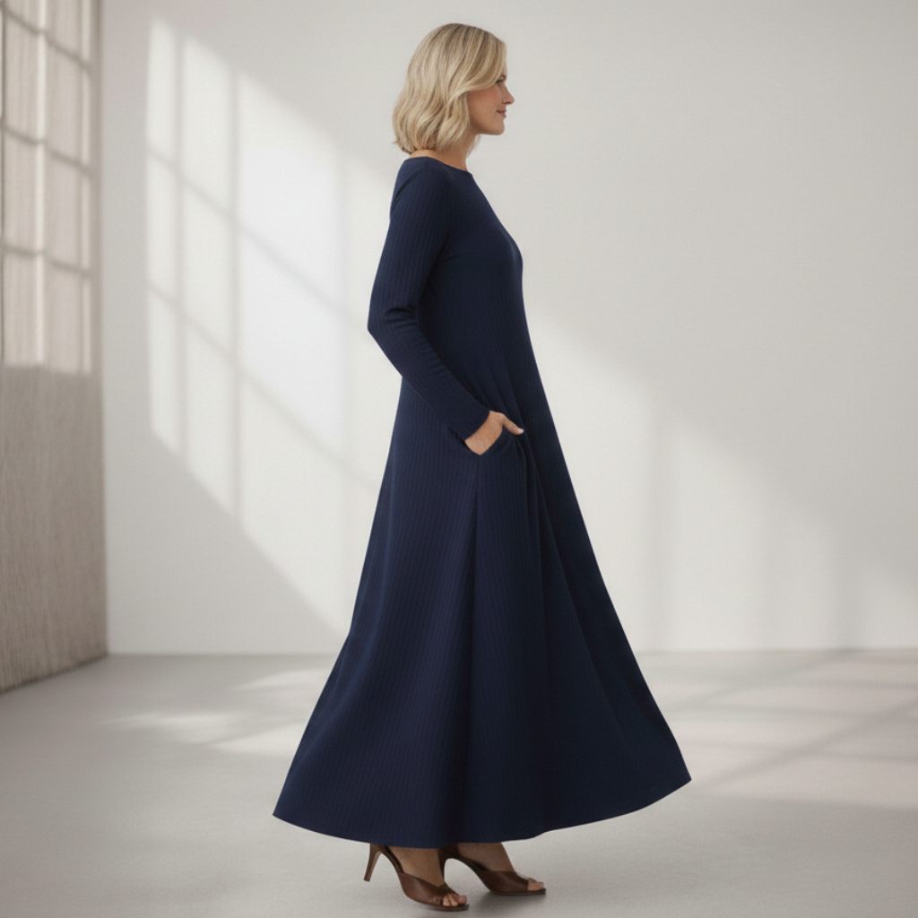 Boat Neck Long Sleeve Maxi Dress with Pockets – Custom Length Available, Handmade in USA