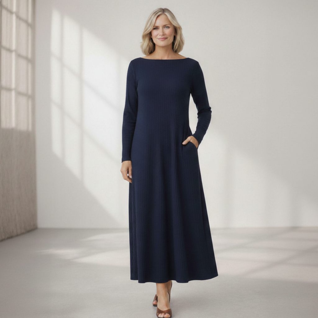 Boat Neck Long Sleeve Maxi Dress with Pockets – Custom Length Available, Handmade in USA