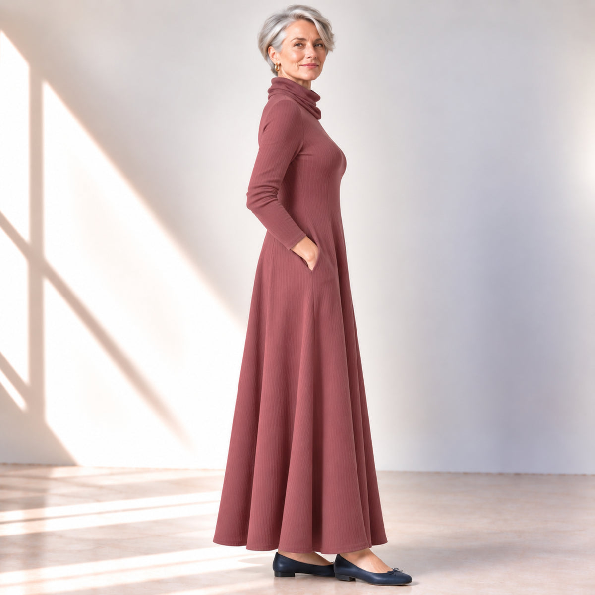 Mock Neck Maxi Rib Knit Dress