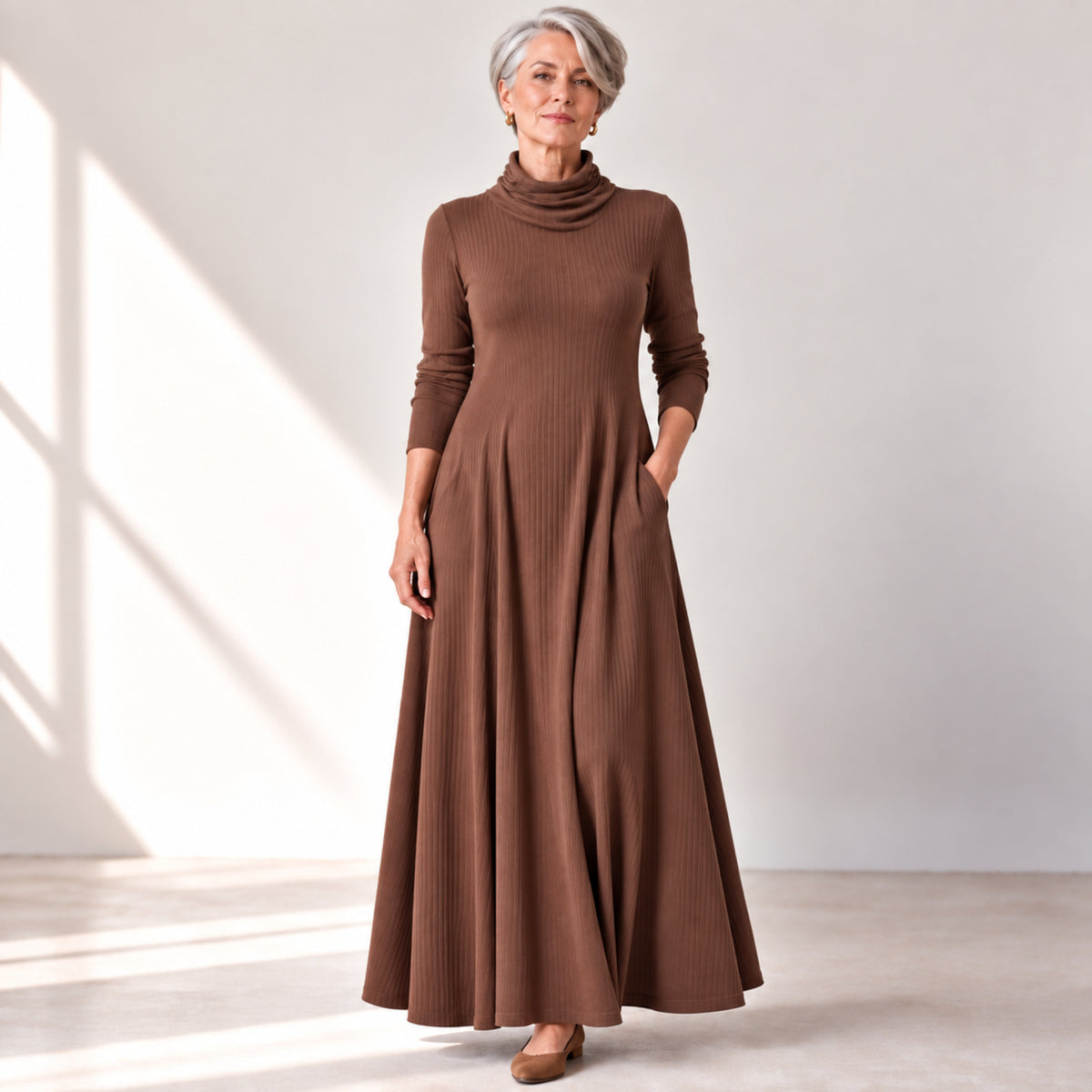 Mock Neck Maxi Rib Knit Dress