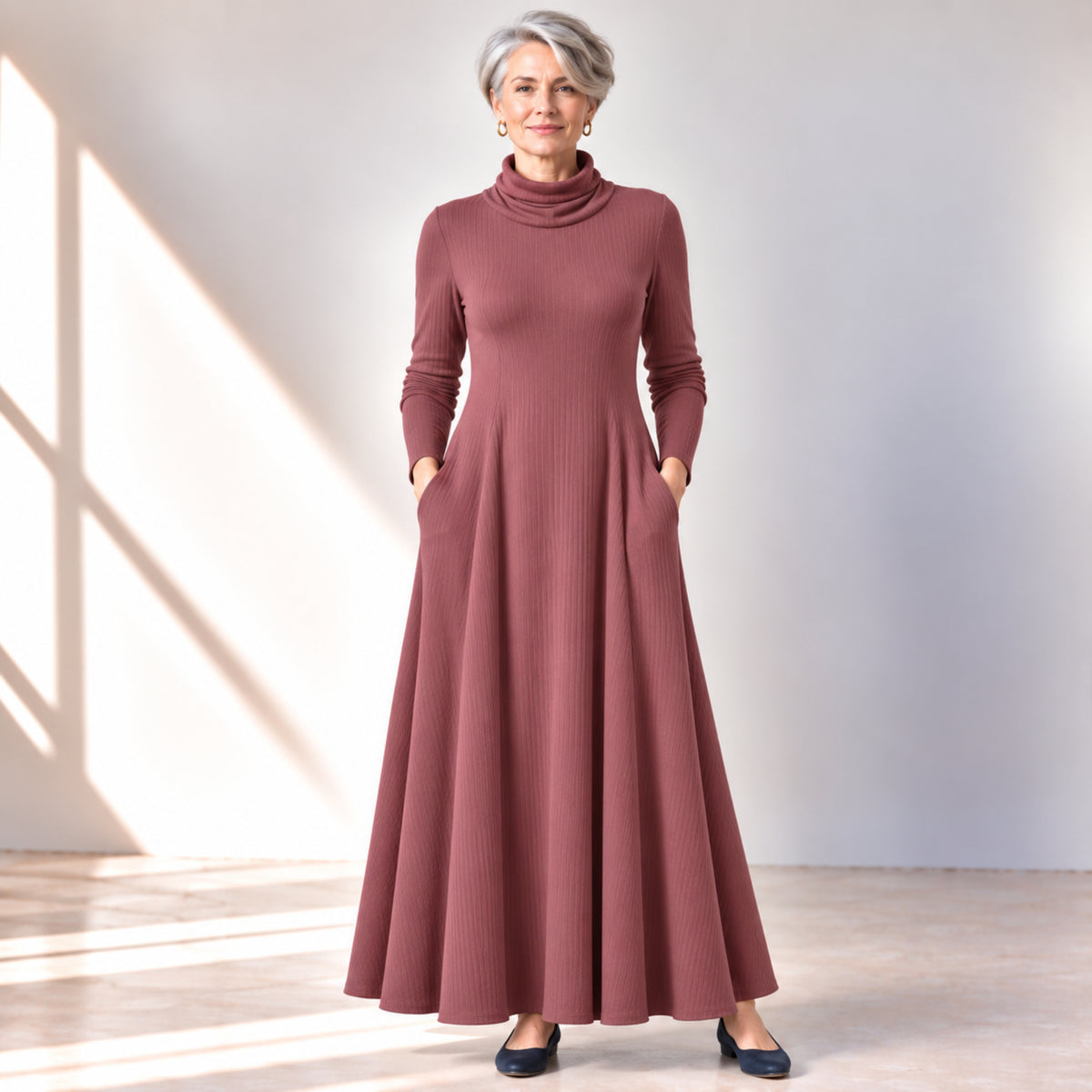 Mock Neck Maxi Rib Knit Dress