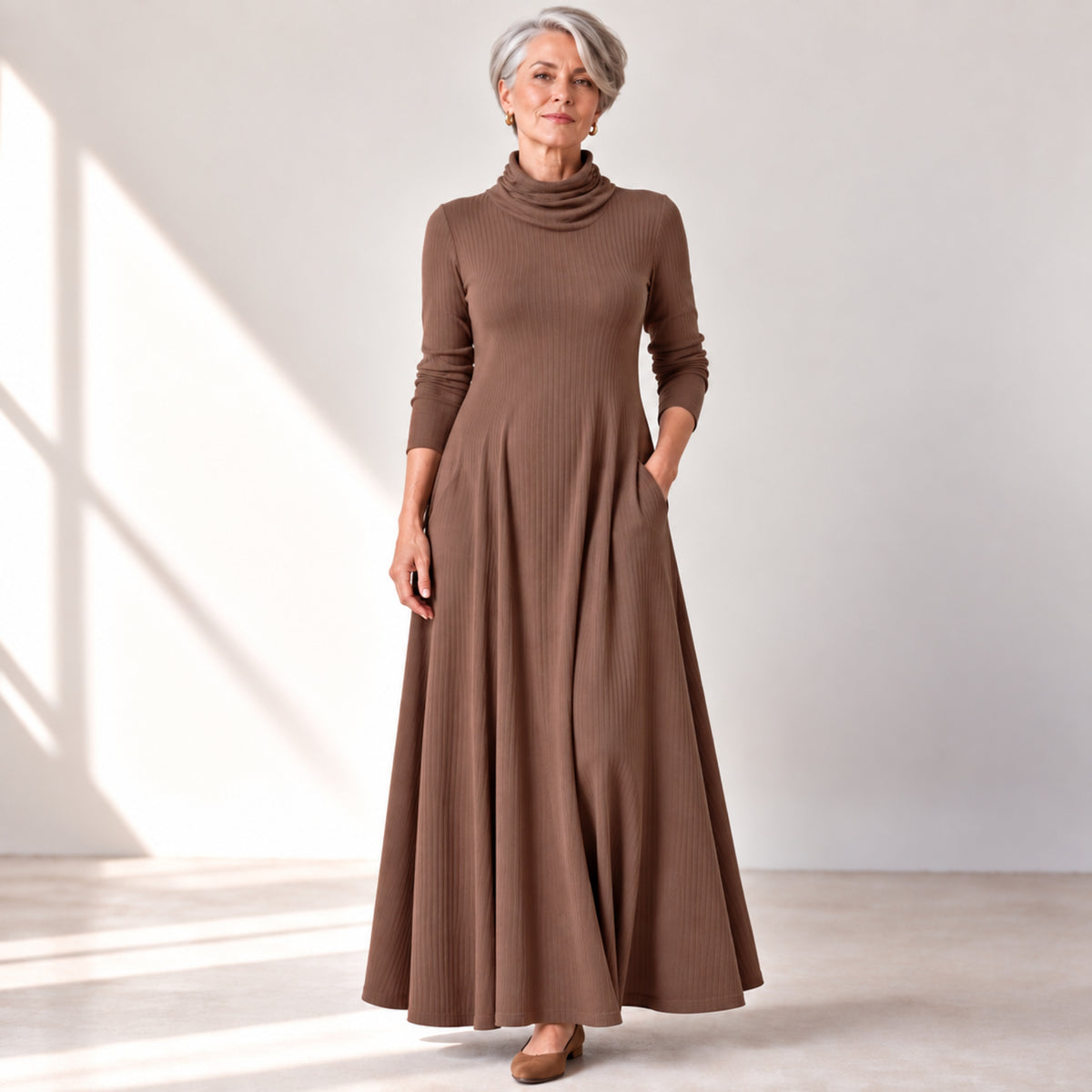 Mock Neck Maxi Rib Knit Dress