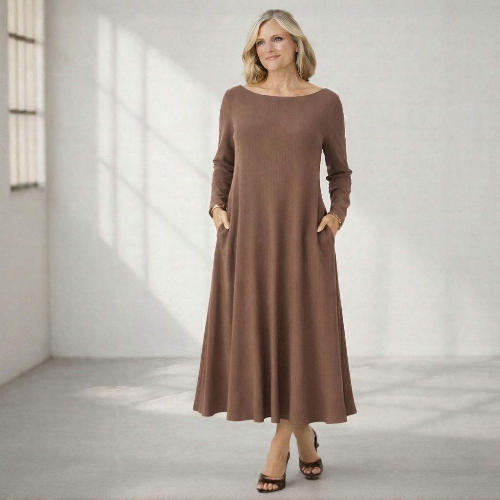 Boat Neck Long Sleeve Maxi Dress with Pockets – Custom Length Available, Handmade in USA