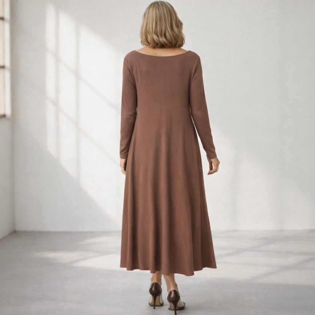 Boat Neck Long Sleeve Maxi Dress with Pockets – Custom Length Available, Handmade in USA