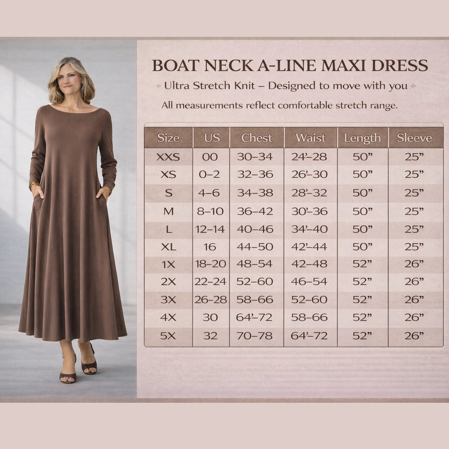 Boat Neck Long Sleeve Maxi Dress with Pockets – Custom Length Available, Handmade in USA