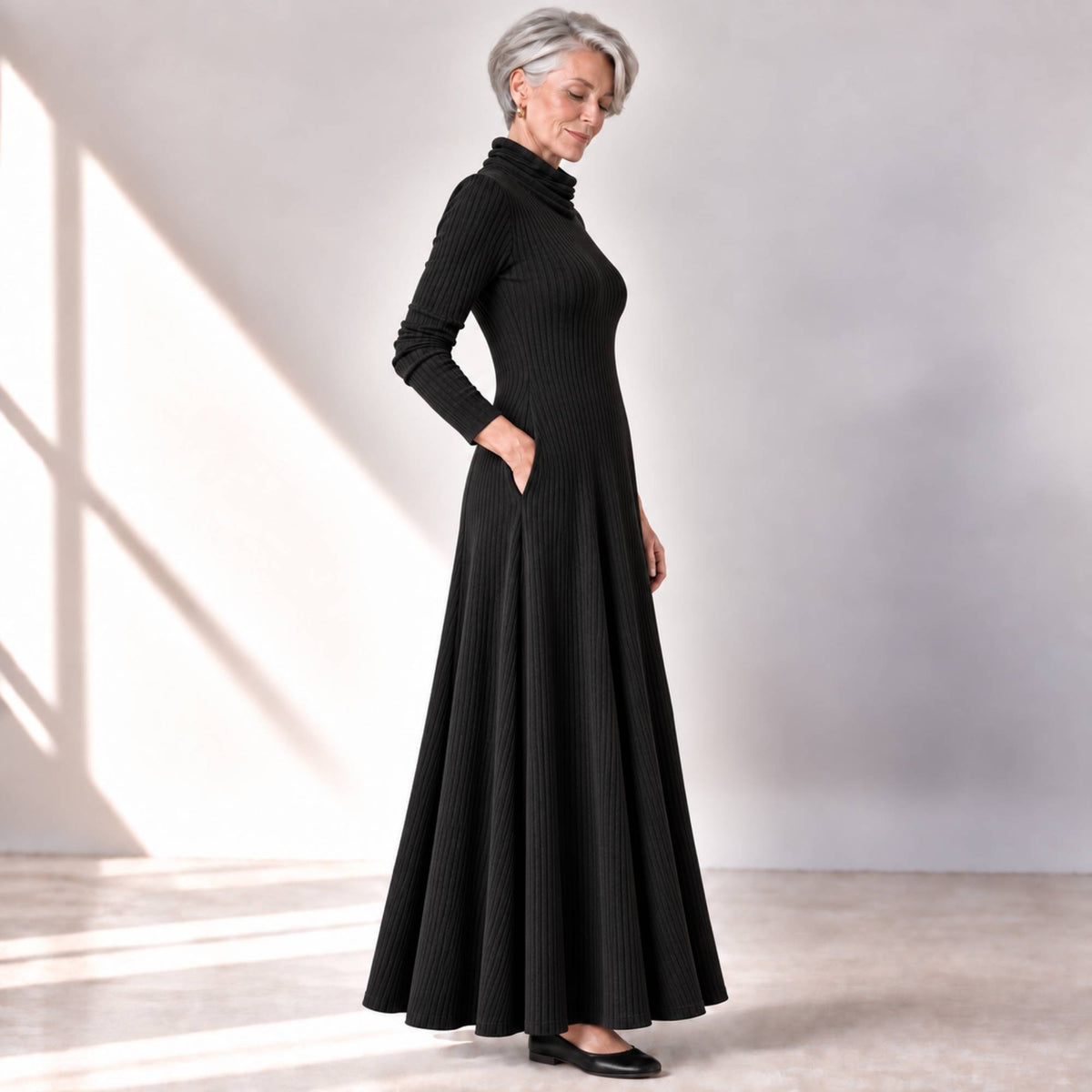 Mock Neck Maxi Rib Knit Dress
