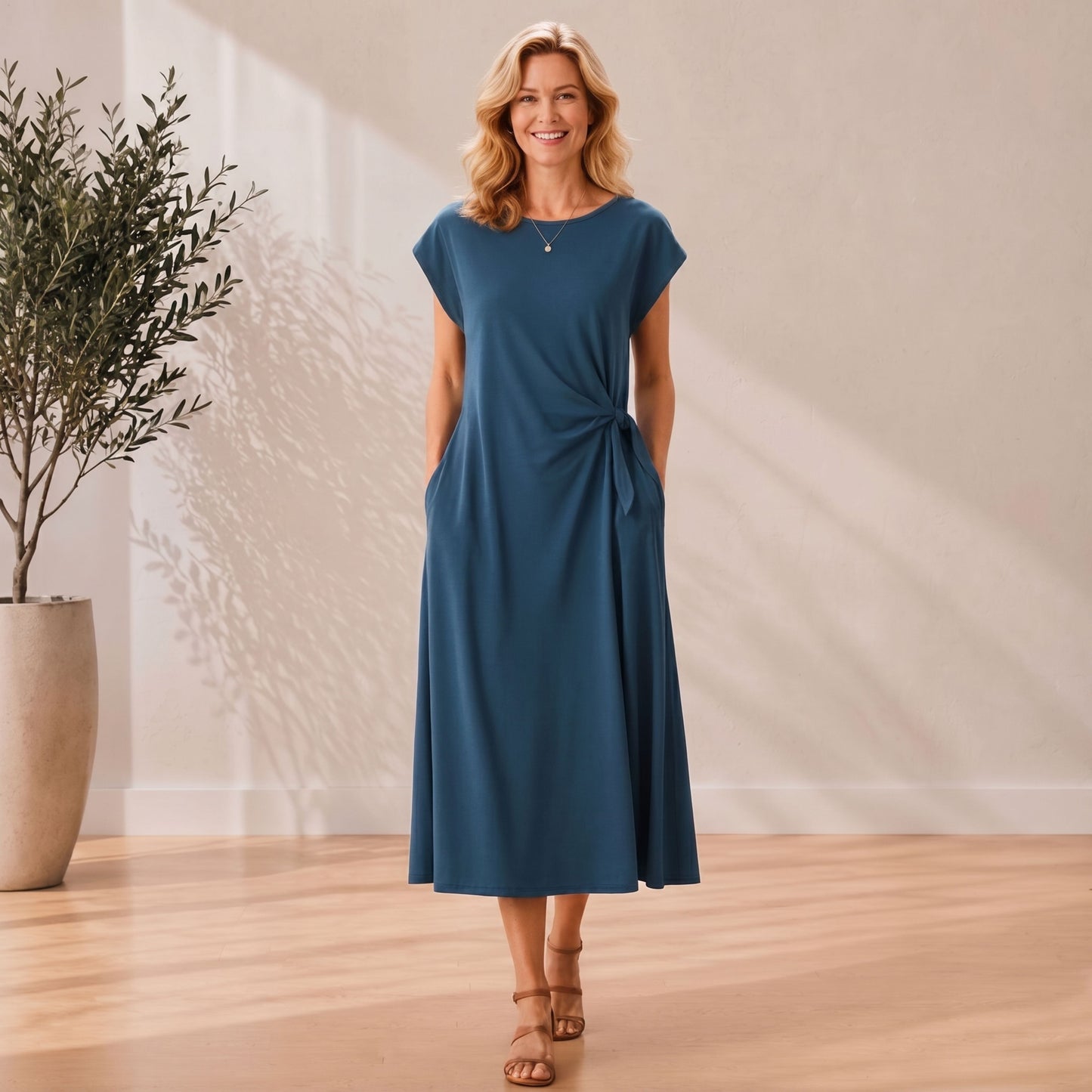 Side-Tie Midi Dress with Pockets