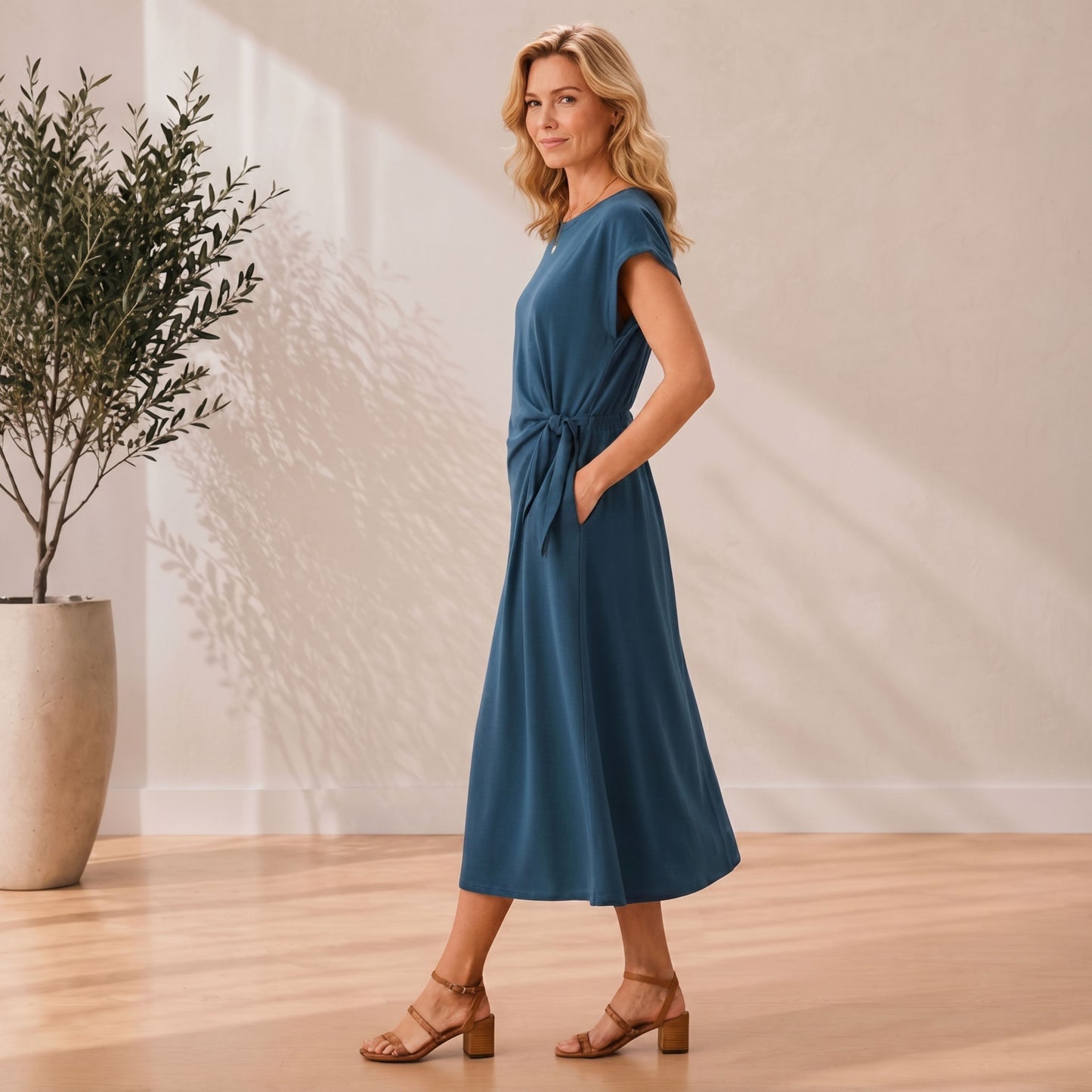 Side-Tie Midi Dress with Pockets