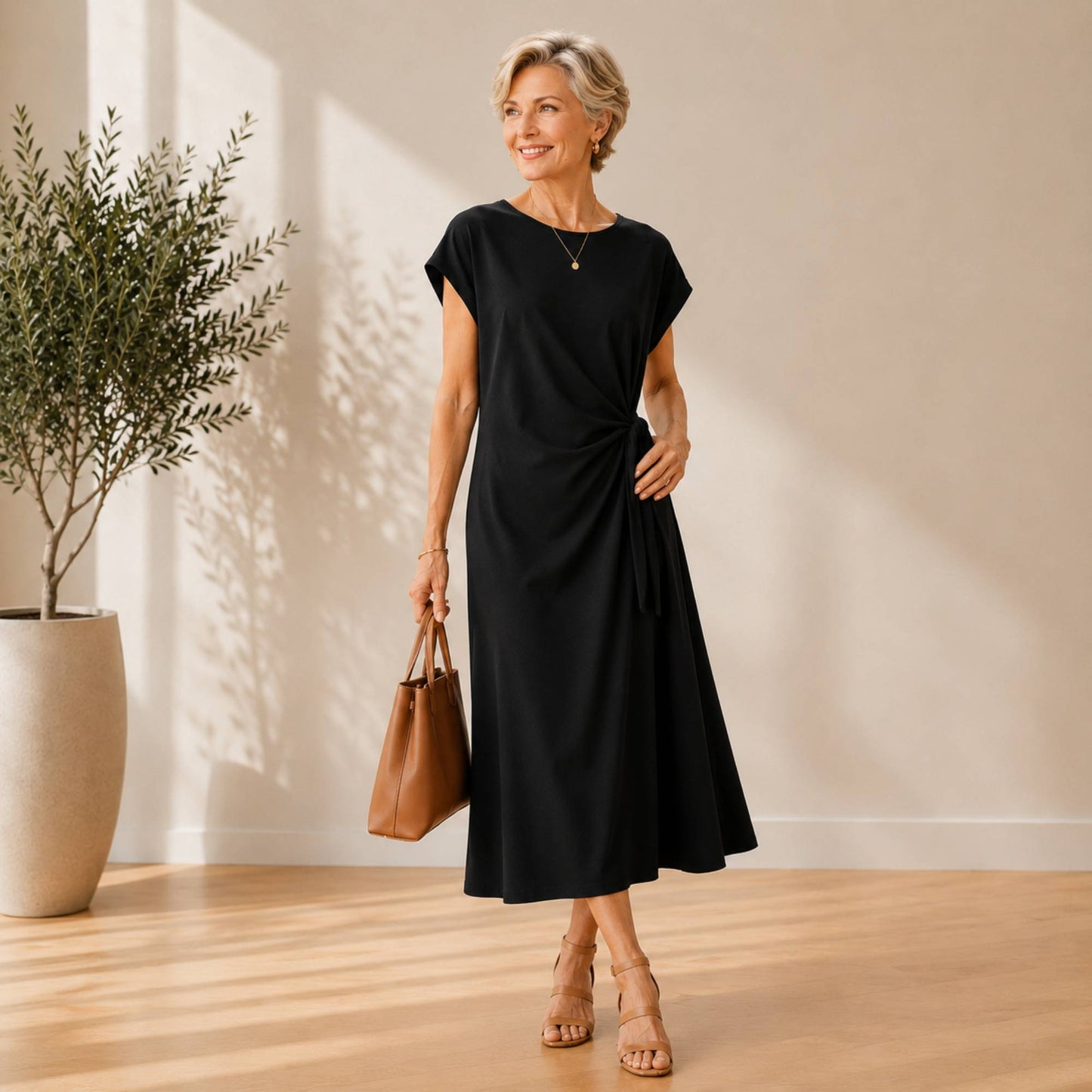 Side-Tie Midi Dress with Pockets
