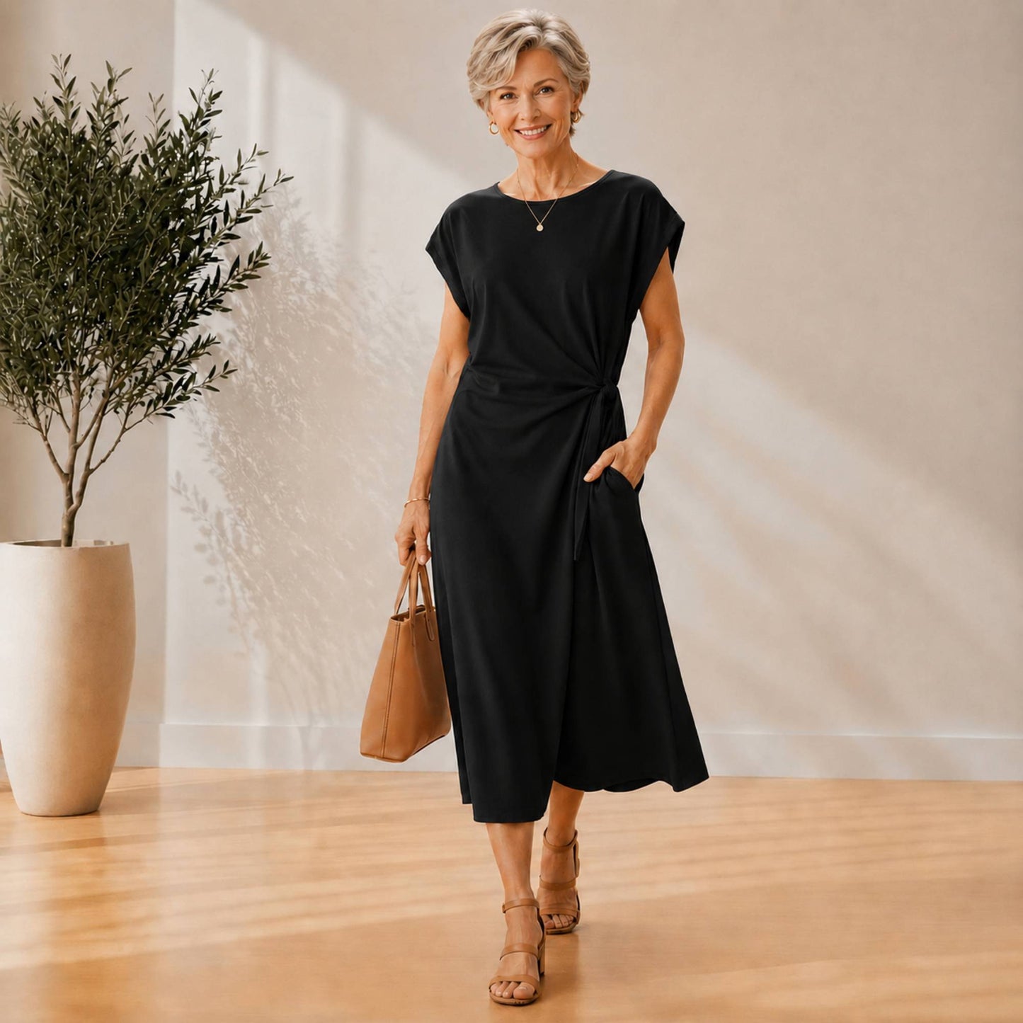 Side-Tie Midi Dress with Pockets