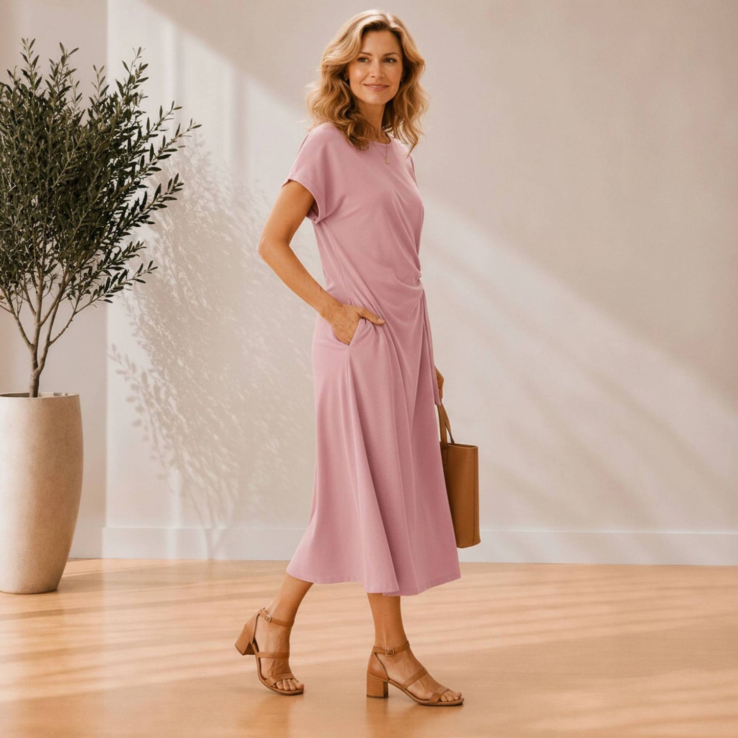 Side-Tie Midi Dress with Pockets
