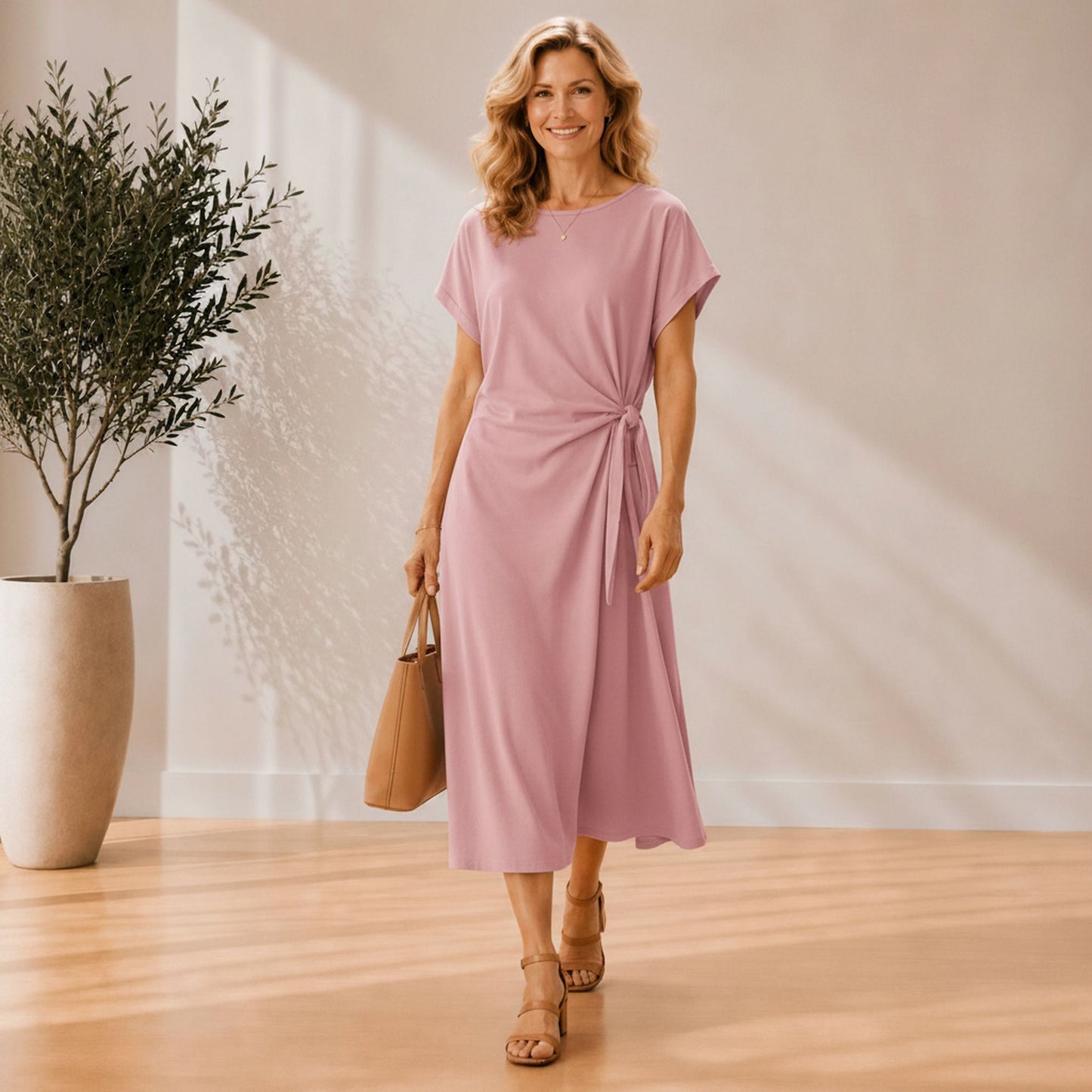 Side-Tie Midi Dress with Pockets