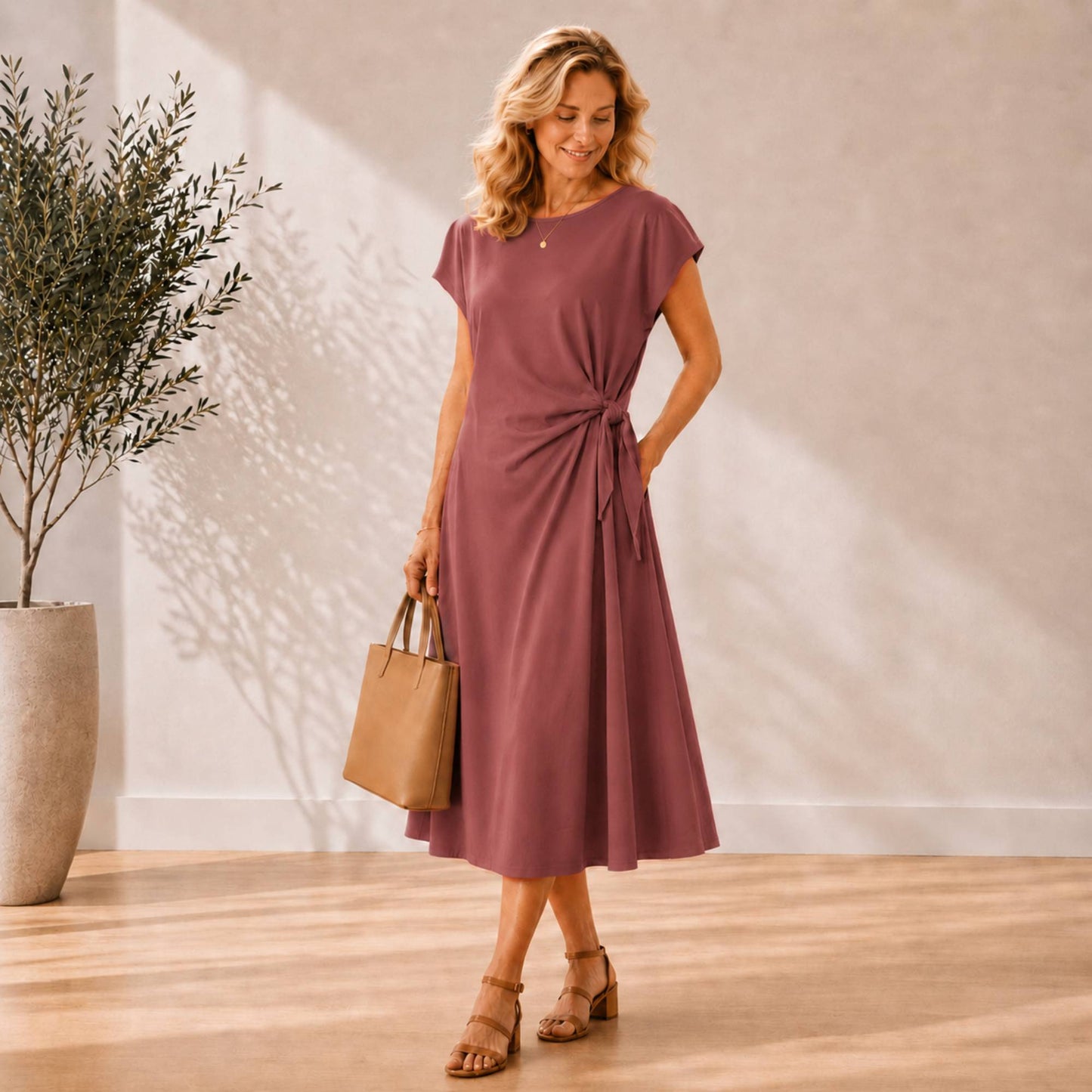 Side-Tie Midi Dress with Pockets