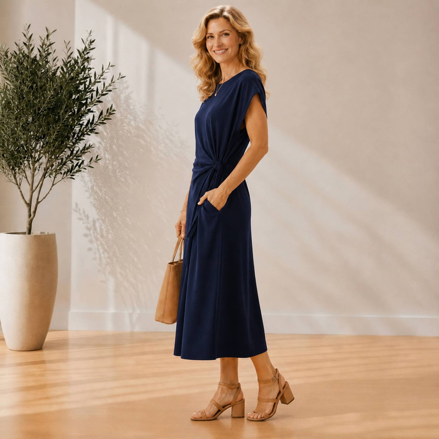 Side-Tie Midi Dress with Pockets