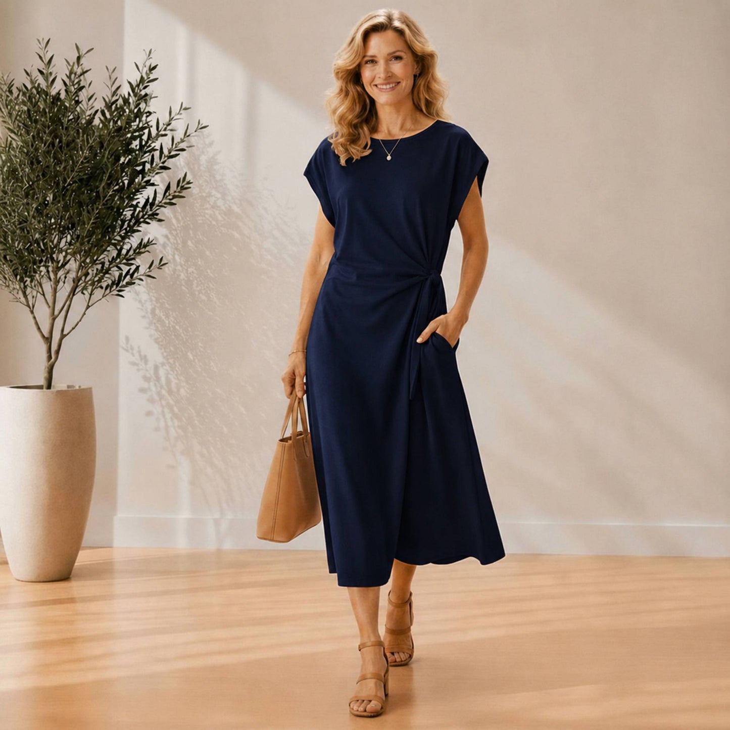Side-Tie Midi Dress with Pockets
