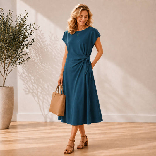 Side-Tie Midi Dress with Pockets
