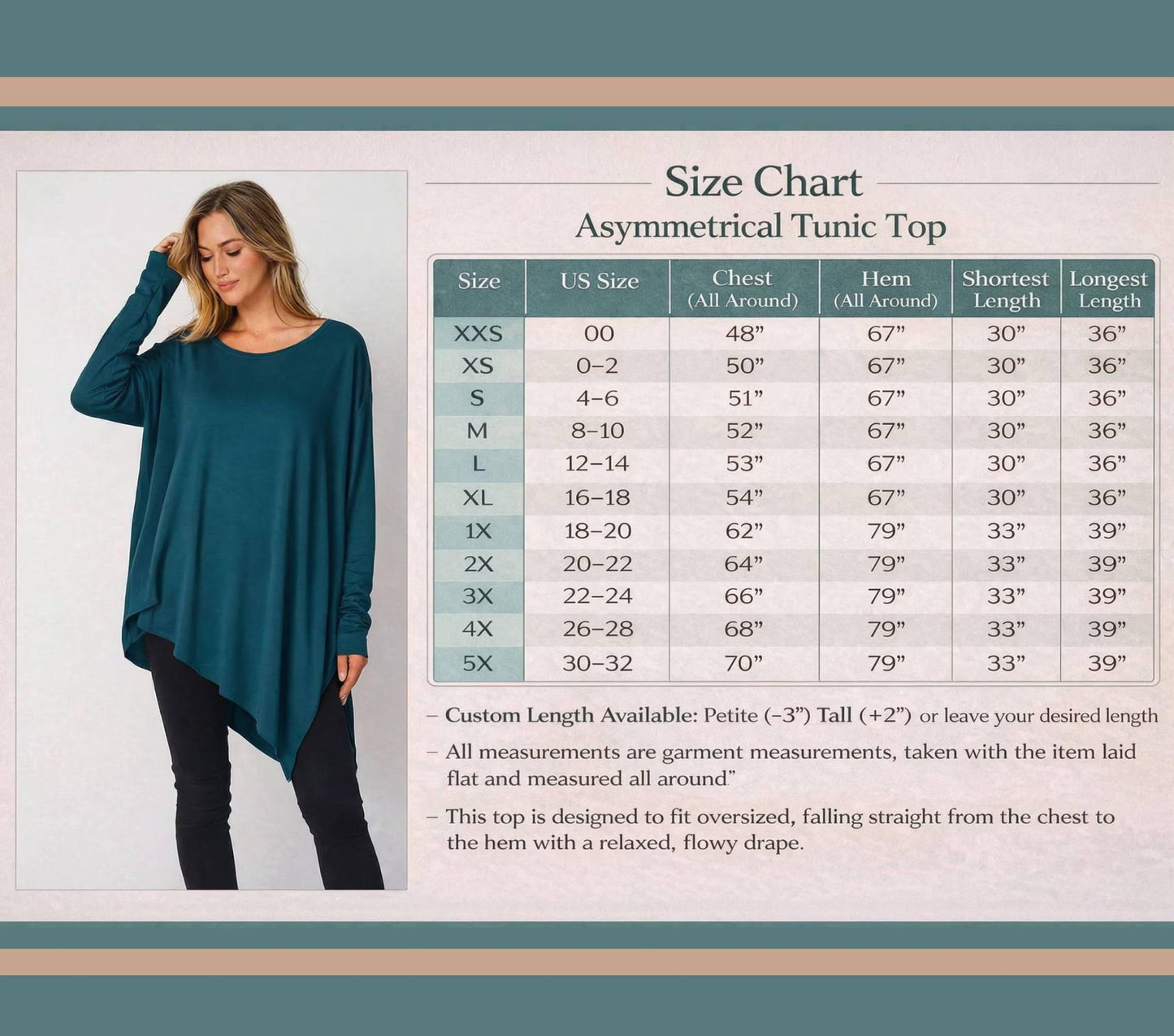 Asymmetrical Oversized Tunic Top with Side Slit – Available in Petite, Plus, Tall - Chic and Flowy Statement Piece - Handmade in USA