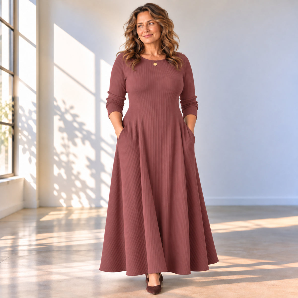 Boat Neck Long Sleeve Maxi Dress