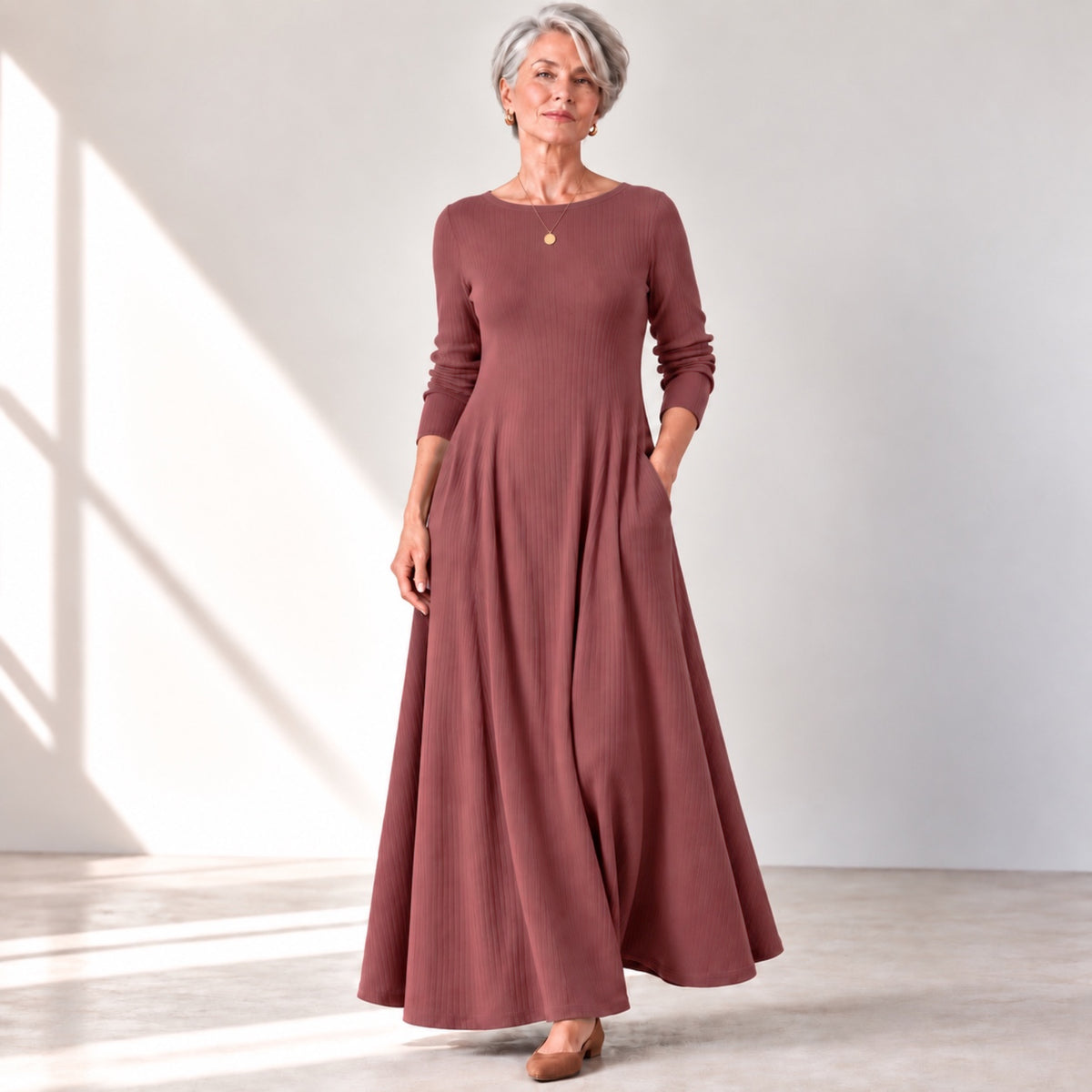 Boat Neck Long Sleeve Maxi Dress