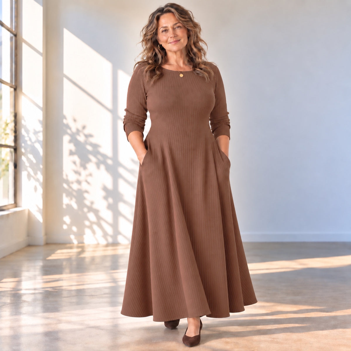 Boat Neck Long Sleeve Maxi Dress