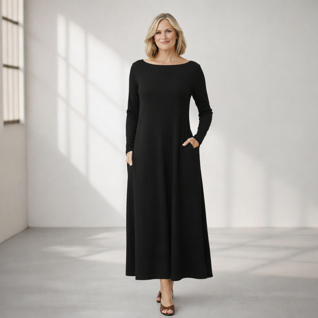 Boat Neck Long Sleeve Maxi Dress with Pockets – Custom Length Available, Handmade in USA