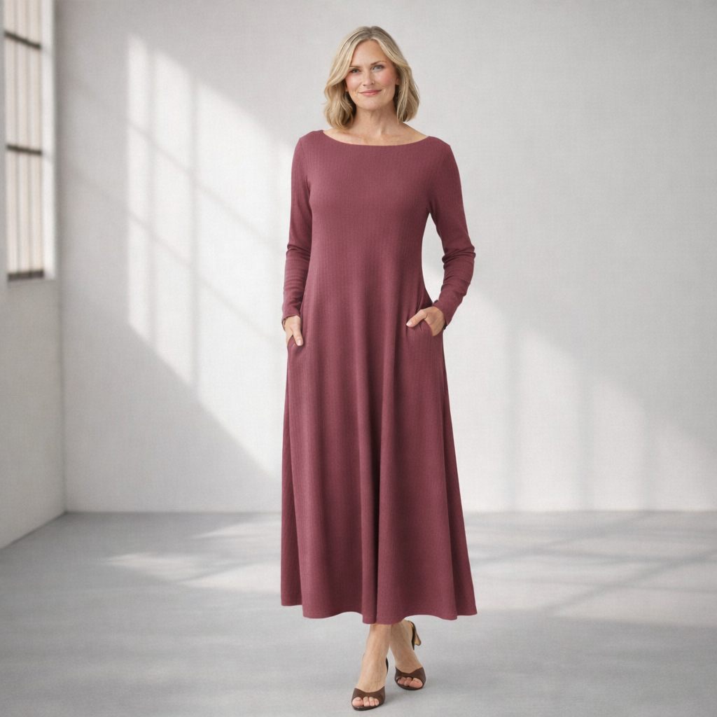 Boat Neck Long Sleeve Maxi Dress with Pockets – Custom Length Available, Handmade in USA