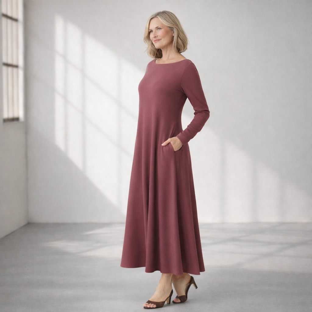 Boat Neck Long Sleeve Maxi Dress with Pockets – Custom Length Available, Handmade in USA