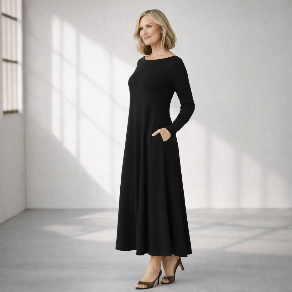 Boat Neck Long Sleeve Maxi Dress with Pockets – Custom Length Available, Handmade in USA