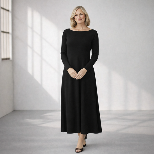 Boat Neck Long Sleeve Maxi Dress with Pockets – Custom Length Available, Handmade in USA