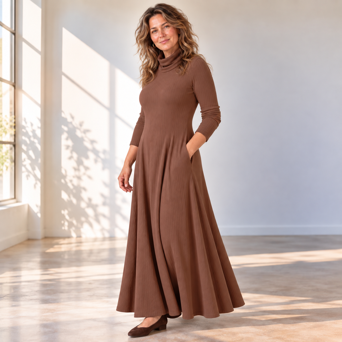 Mock Neck Maxi Rib Knit Dress