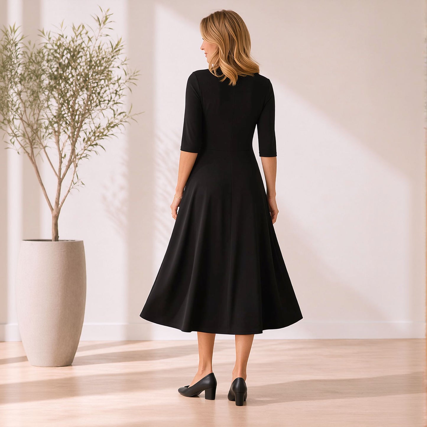Flowy Midi Dress with Elbow Sleeves & Pockets