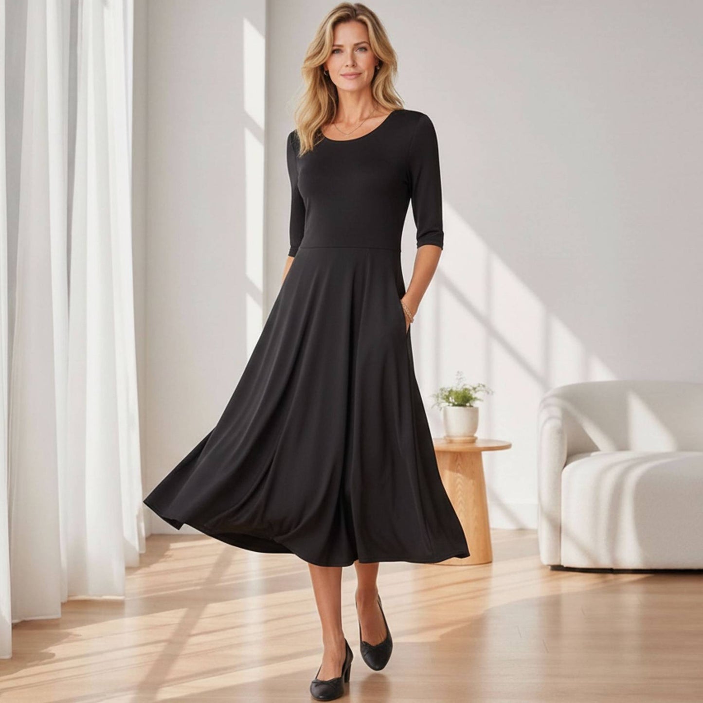 Flowy Midi Dress with Elbow Sleeves & Pockets