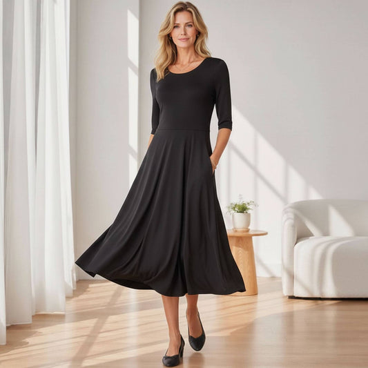 Flowy Midi Dress with Elbow Sleeves & Pockets