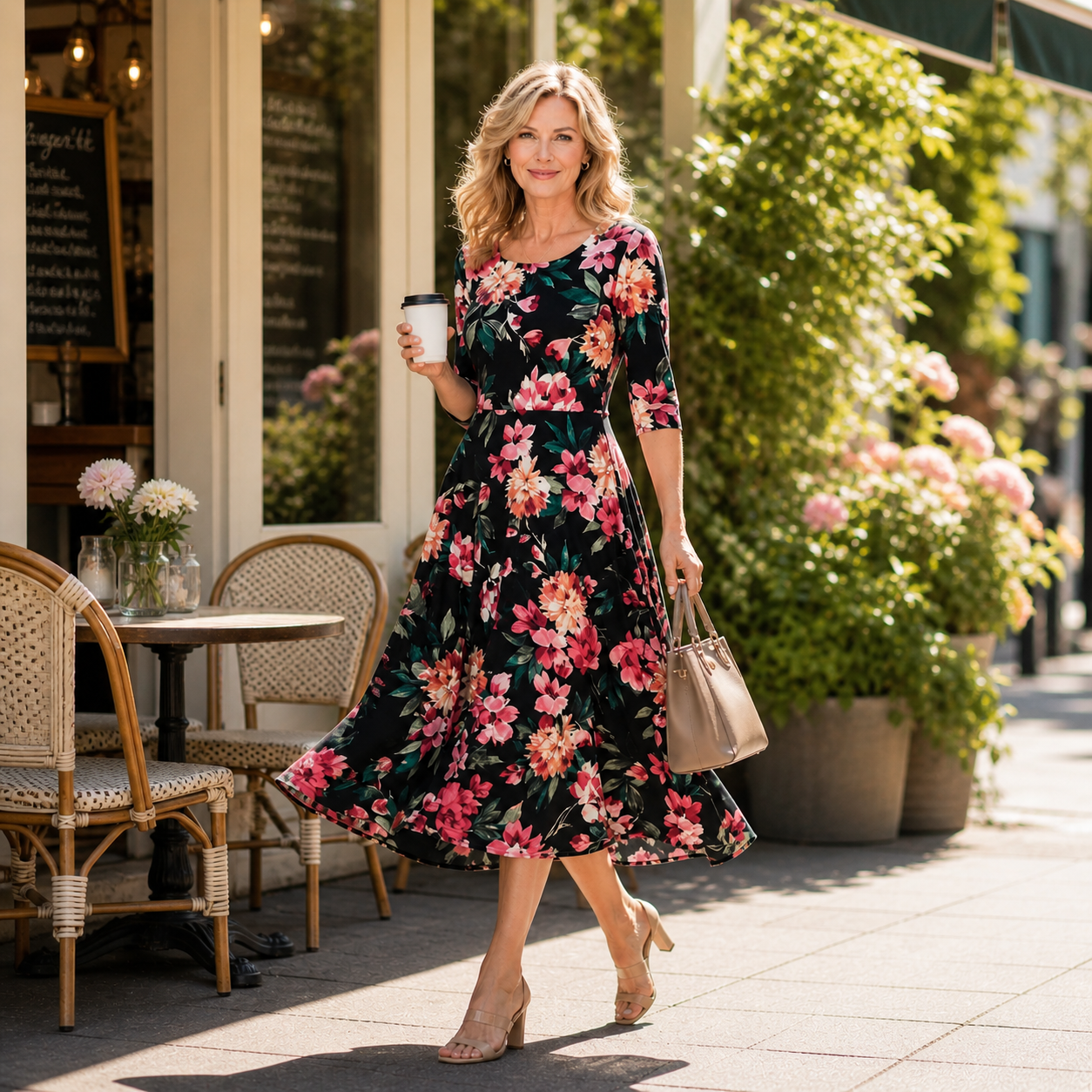 Floral Printed Midi Dress with Elbow Sleeves