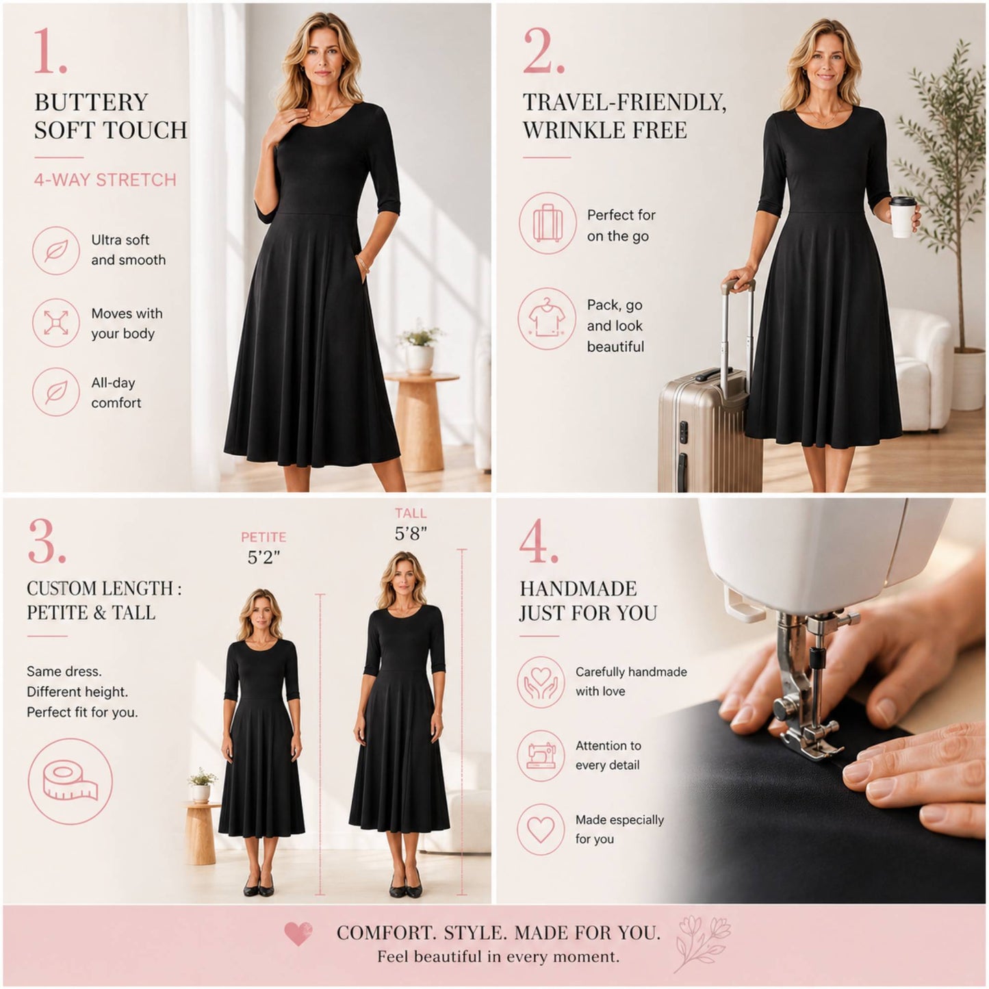 Flowy Midi Dress with Elbow Sleeves & Pockets