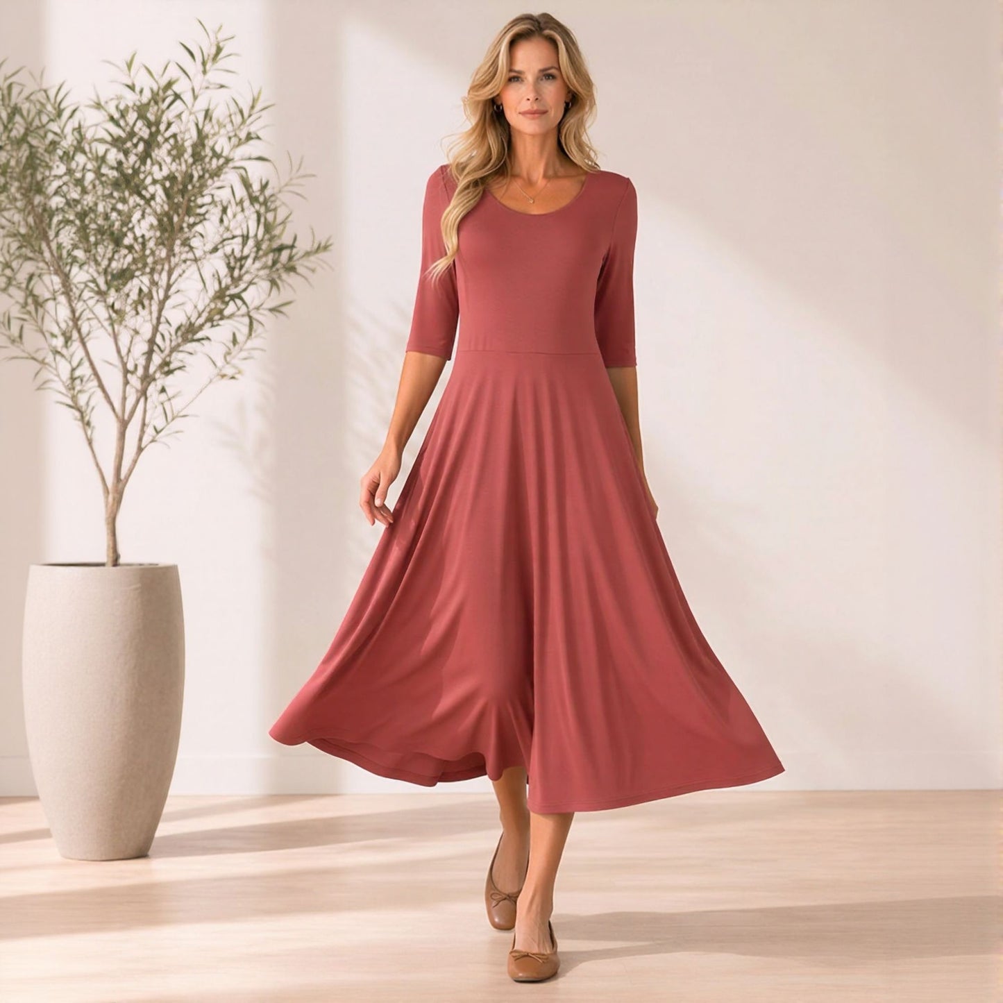 Flowy Midi Dress with Elbow Sleeves & Pockets