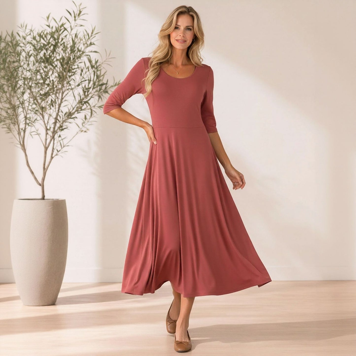 Flowy Midi Dress with Elbow Sleeves & Pockets