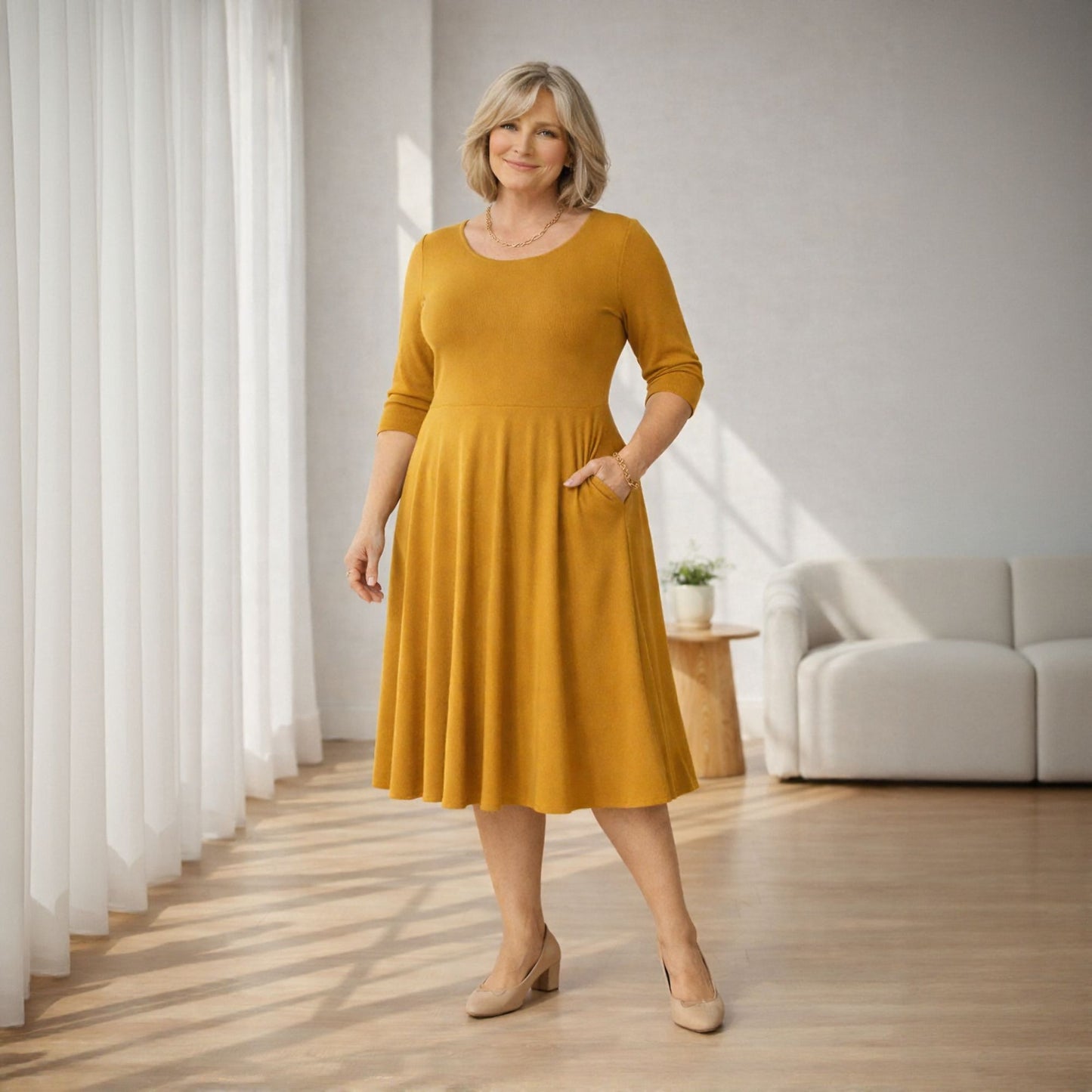 Flowy Midi Dress with Elbow Sleeves & Pockets