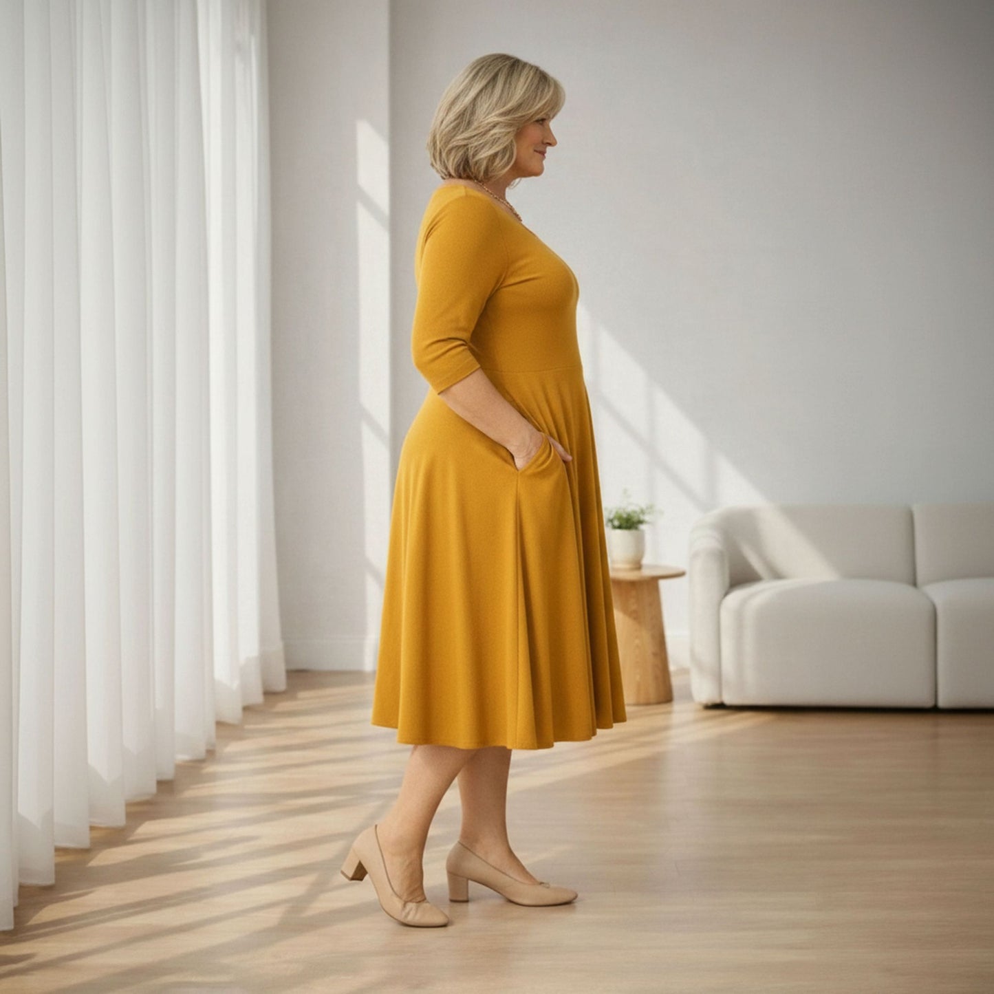 Flowy Midi Dress with Elbow Sleeves & Pockets