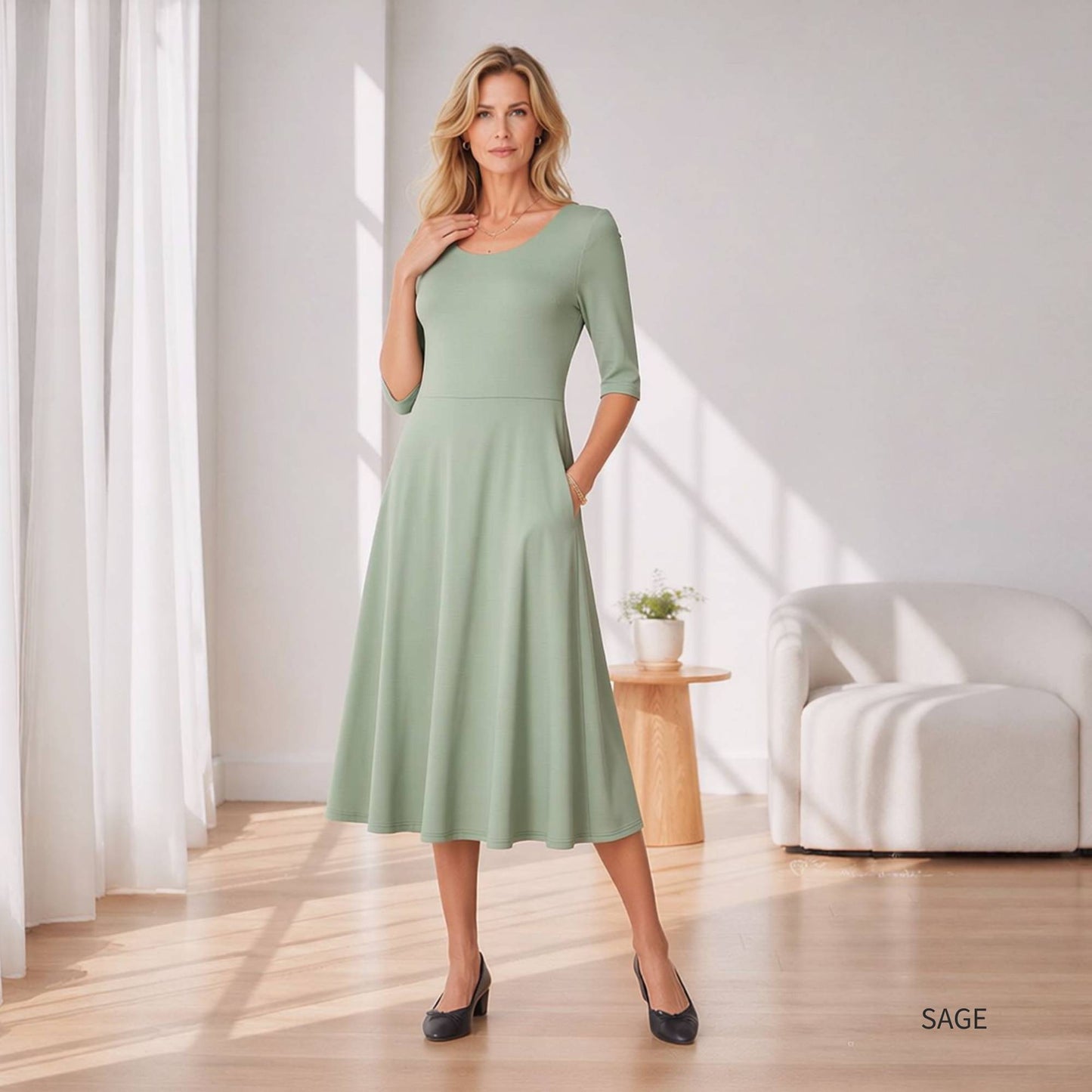 Flowy Midi Dress with Elbow Sleeves & Pockets