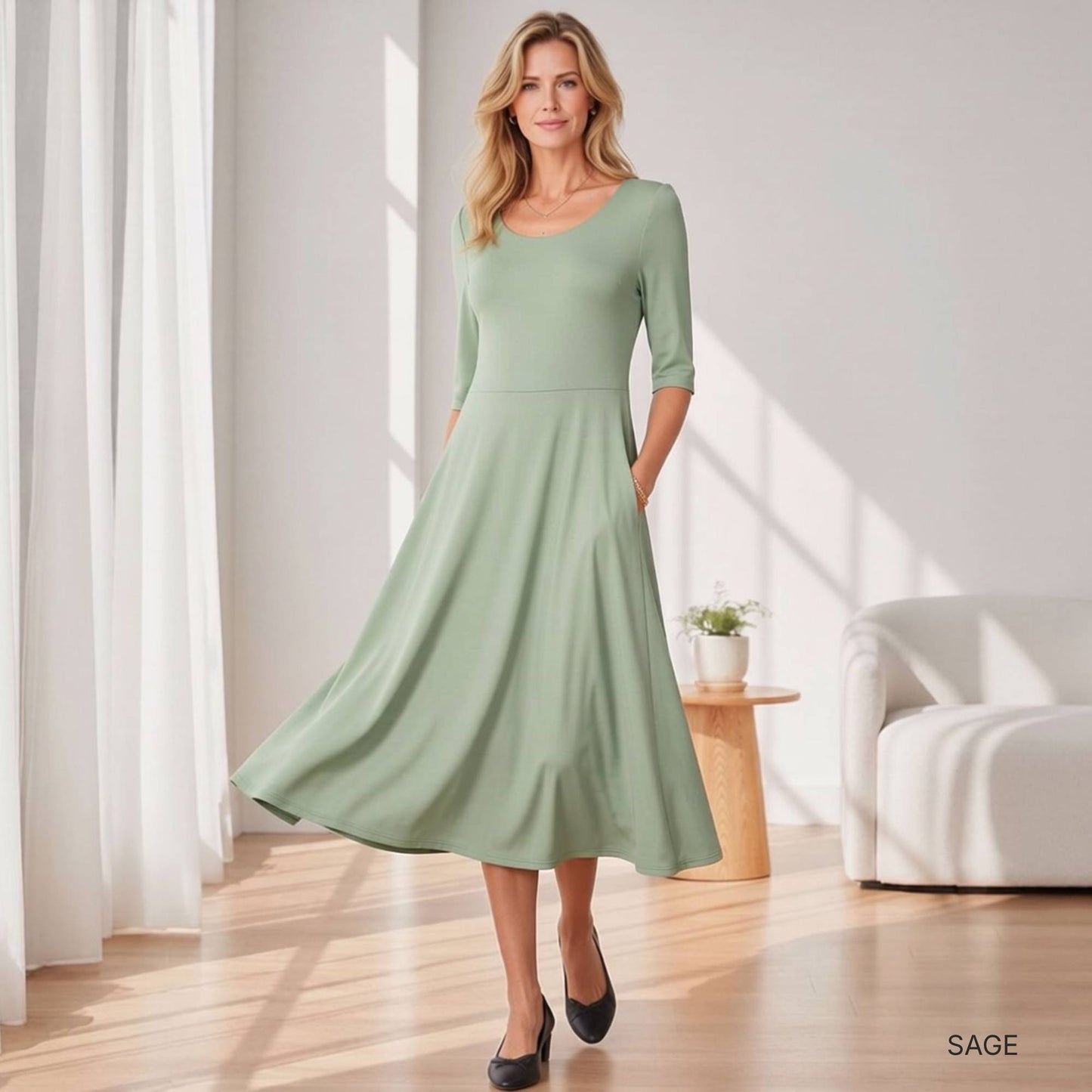 Flowy Midi Dress with Elbow Sleeves & Pockets