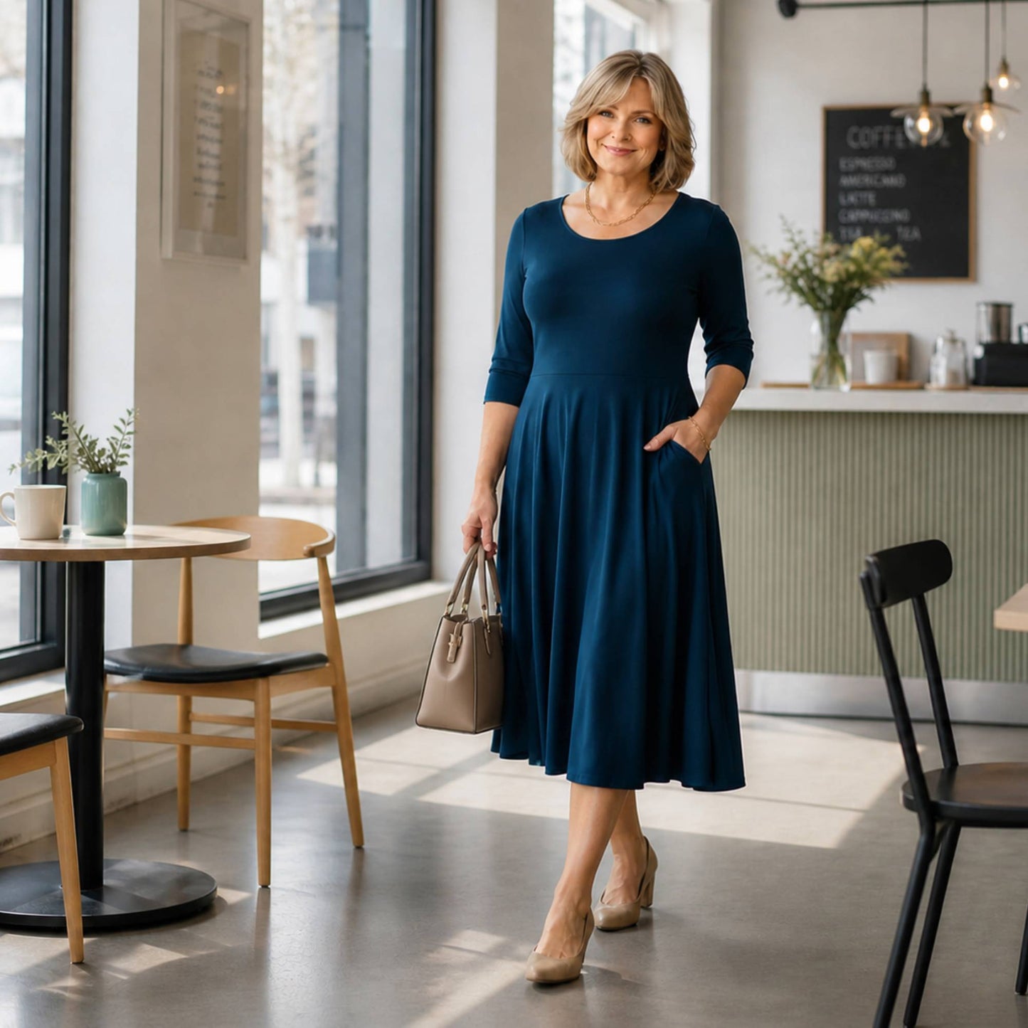 Flowy Midi Dress with Elbow Sleeves & Pockets