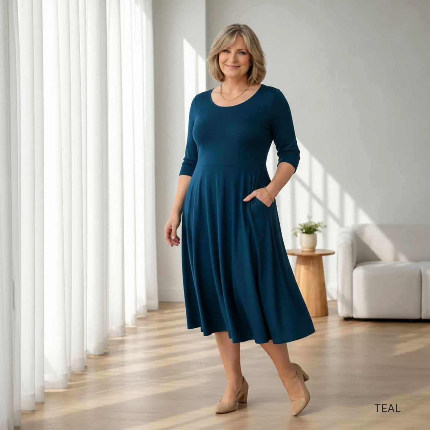 Flowy Midi Dress with Elbow Sleeves & Pockets