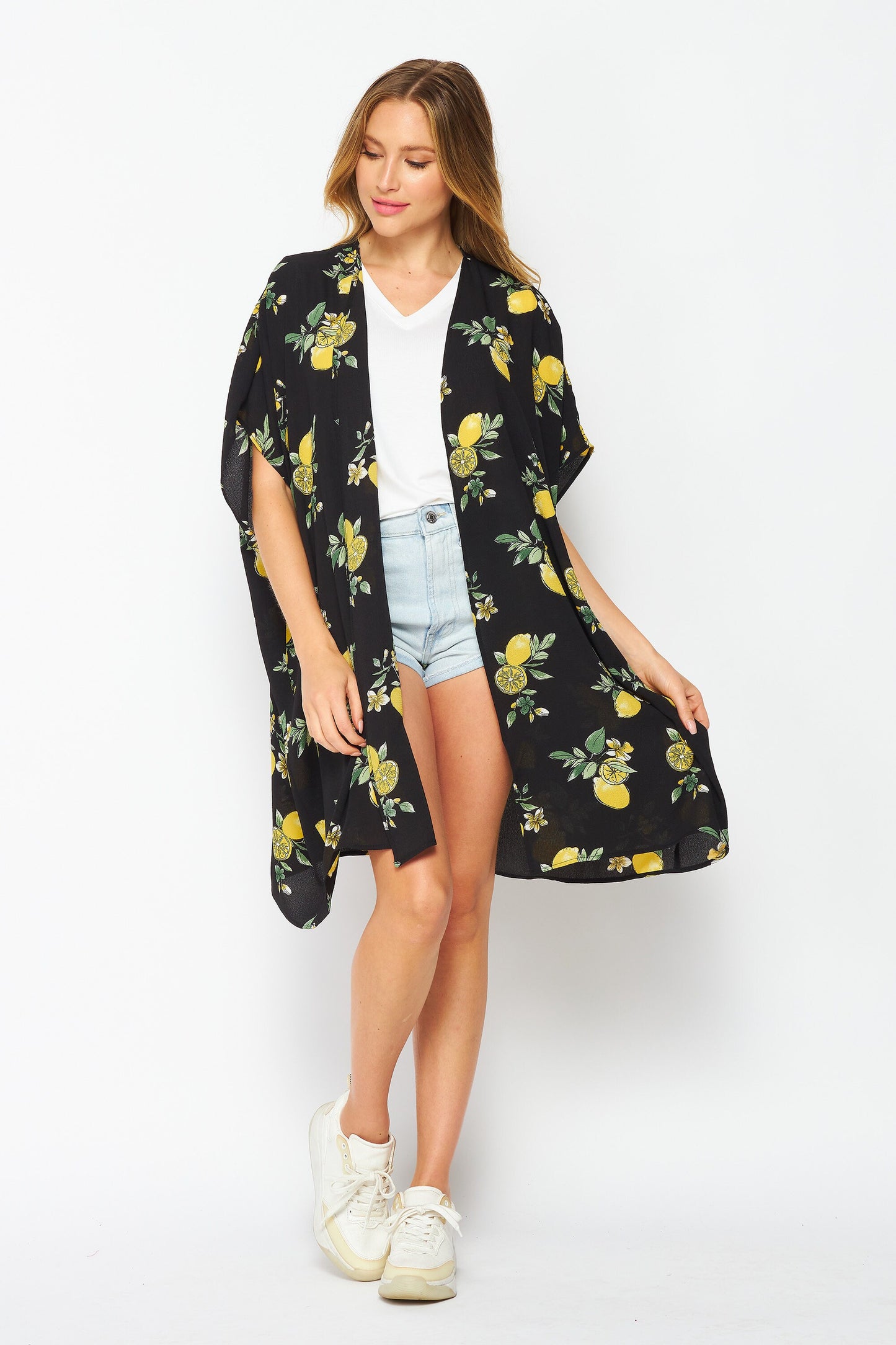 Upcycled Handmade "Black Lemon" Kimono Robe and Beach Cover up , Plus Size Kimono Robe, Made in USA