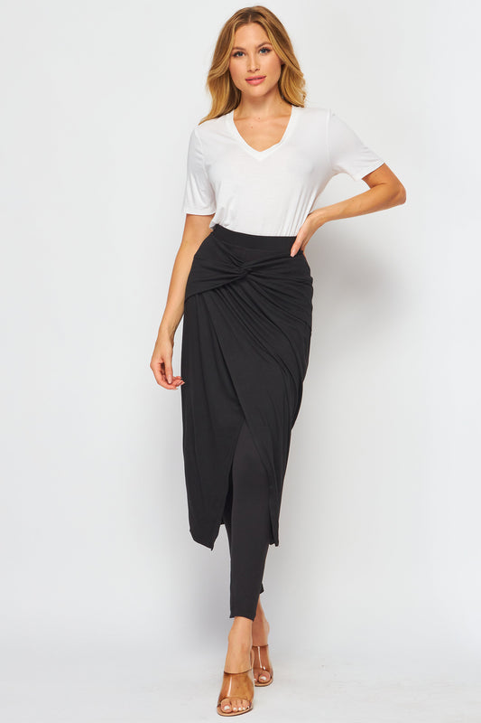 2 in 1 Faux Wrap Midi Skirted Leggings with Twisted Waist, Upcycled Fabrication, Available in Plus Size